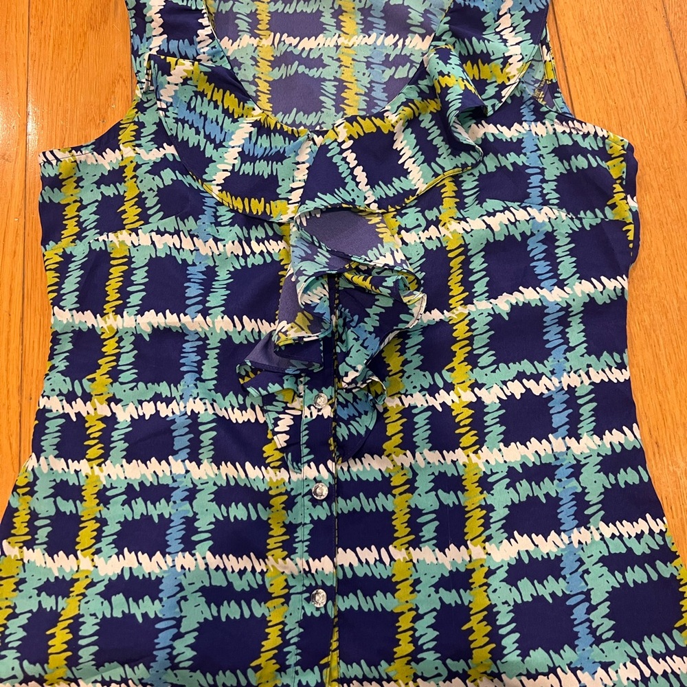 Banana Republic Blue and Yellow Ruffled Sleeveless Blouse